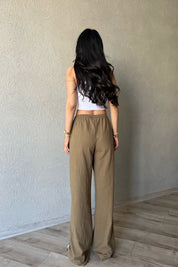 Haki Yama Cep Detaylı Bol Paça Keten Pantolon SY-2041-Haki