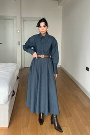 Denim Kemerli Kloş Etek ve Denim Gömlek Takım SY-2997-Mavi