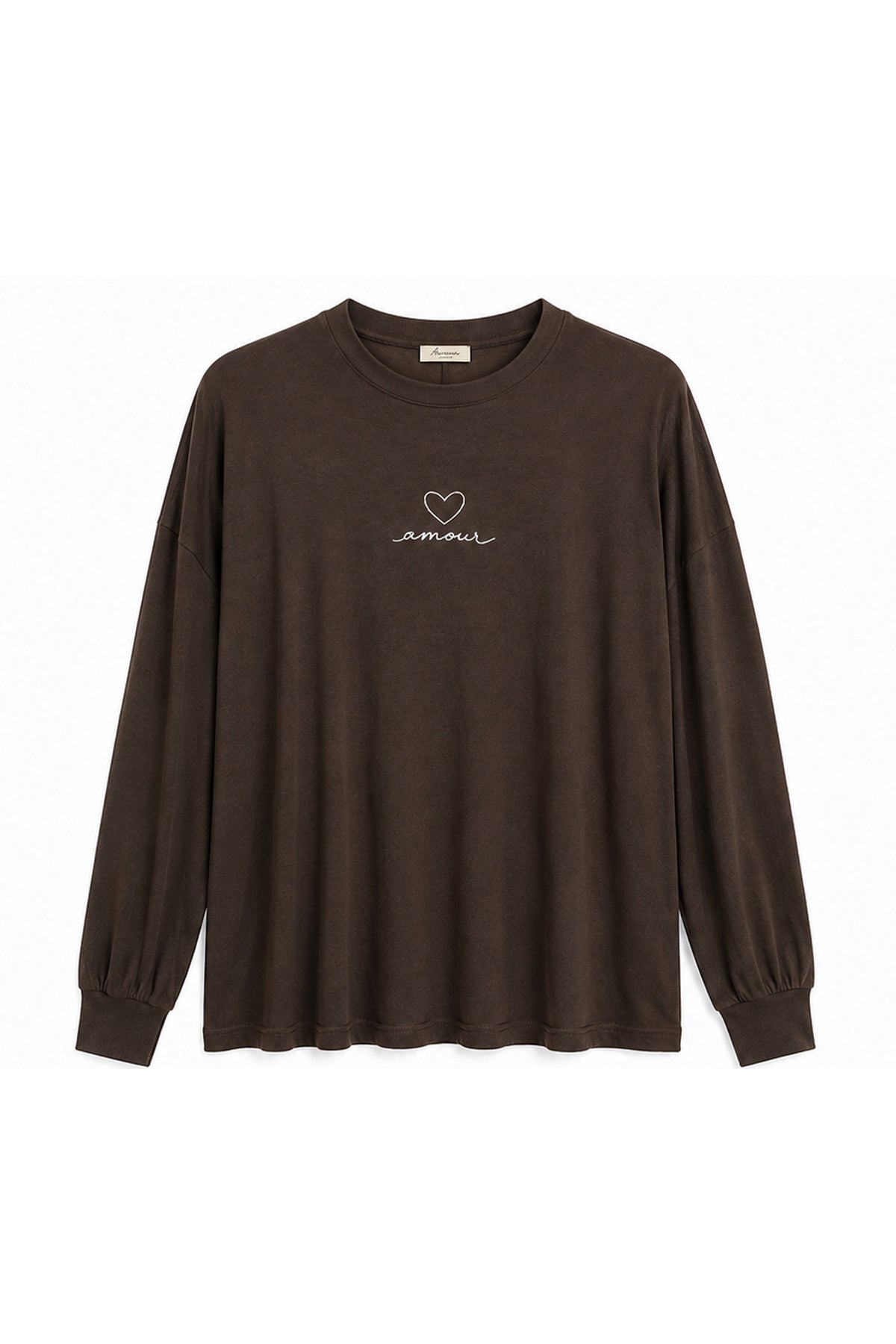 Kahverengi Amour Baskılı Oversize Uzun Kollu Tişört SY-3829-Kahverengi