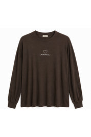Kahverengi Amour Baskılı Oversize Uzun Kollu Tişört SY-3829-Kahverengi