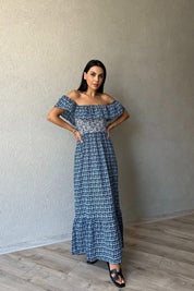 Koyu Mavi Madonna Yaka Desenli Gipeli  Elbise SY-2164-Koyu Mavi