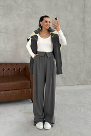 Gri Kıvrık Bel Detaylı Palazzo Pantolon SY-3411-Gri