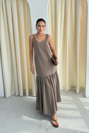 Kahve Askılı Maxi Keten Elbise SY-3134-Kahve