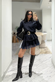 Dantel Detaylı Kemerli Denim Mini Elbise SY-3490-Lacivert