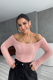 Pembe Sakallı Kayık Yaka Triko Kazak SYM-3426-Pembe