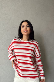 Kırmızı Çizgili Triko Kazak SY-1134-Kırmızı