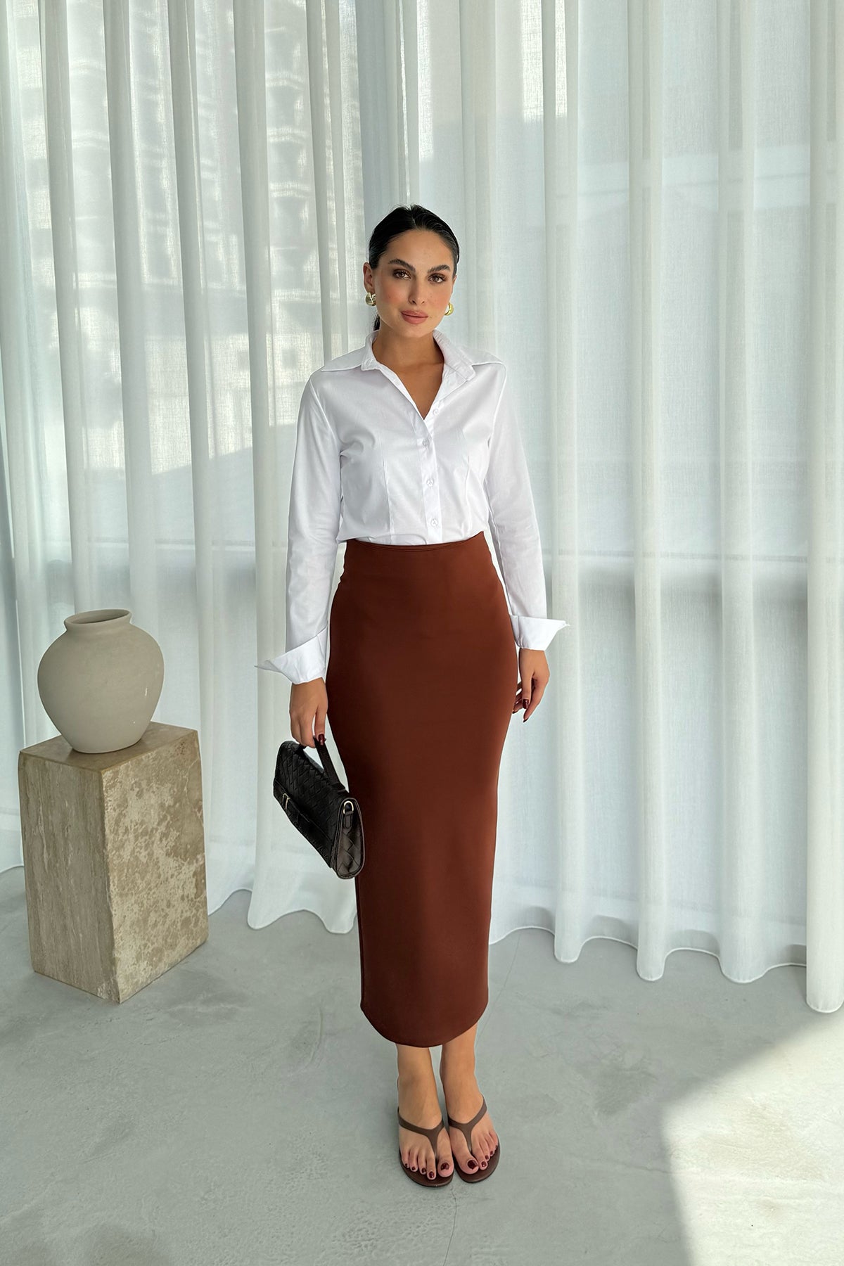 Kahve Arkası Yırtmaçlı Kalem Etek SY-2776-Kahve