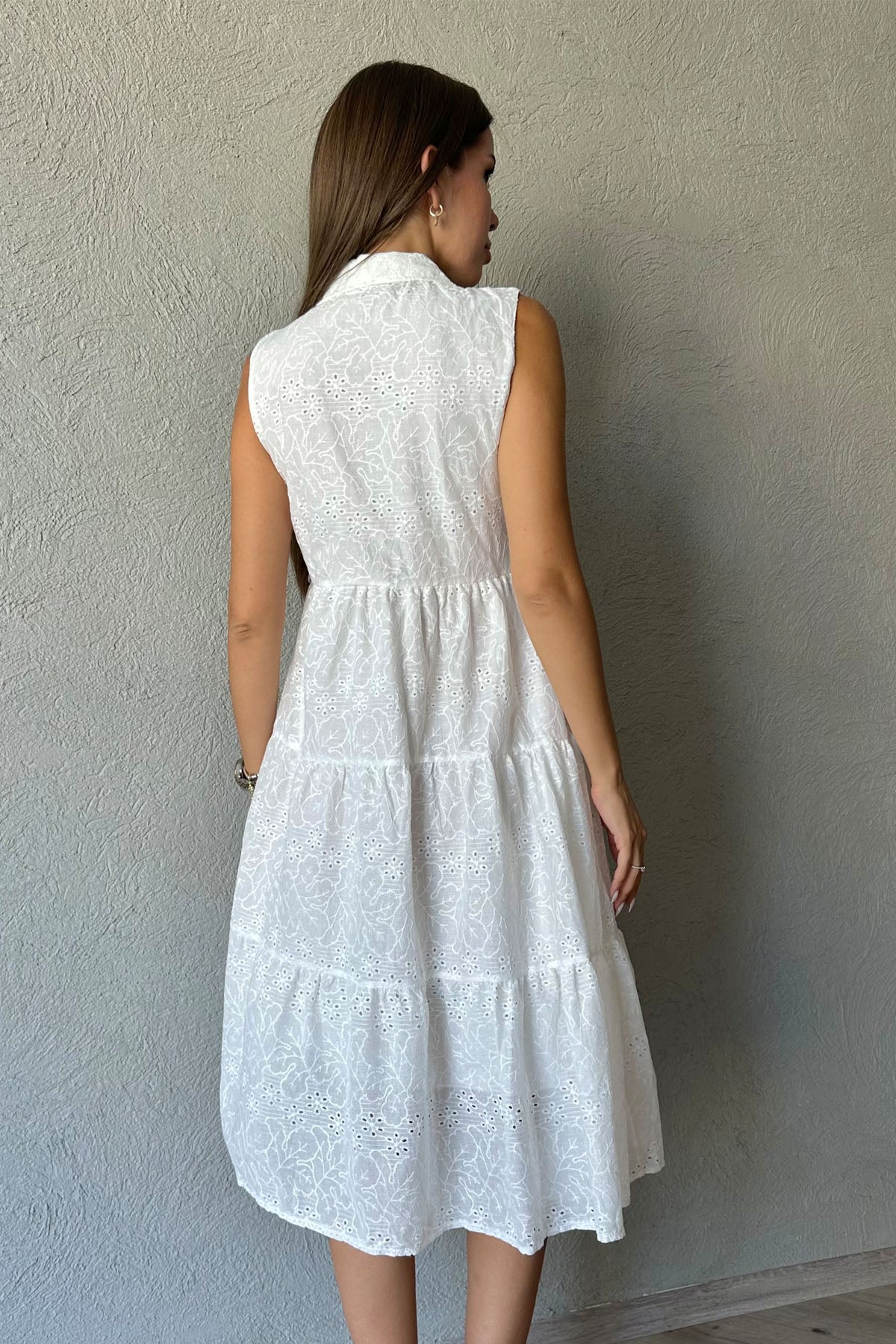 Beyaz Önü Düğmeli Triko Gömlek Detay Fisto Elbise SY-0738-Beyaz