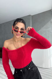 Kırmızı Sakallı Kayık Yaka Triko Kazak SYM-3426-Kırmızı