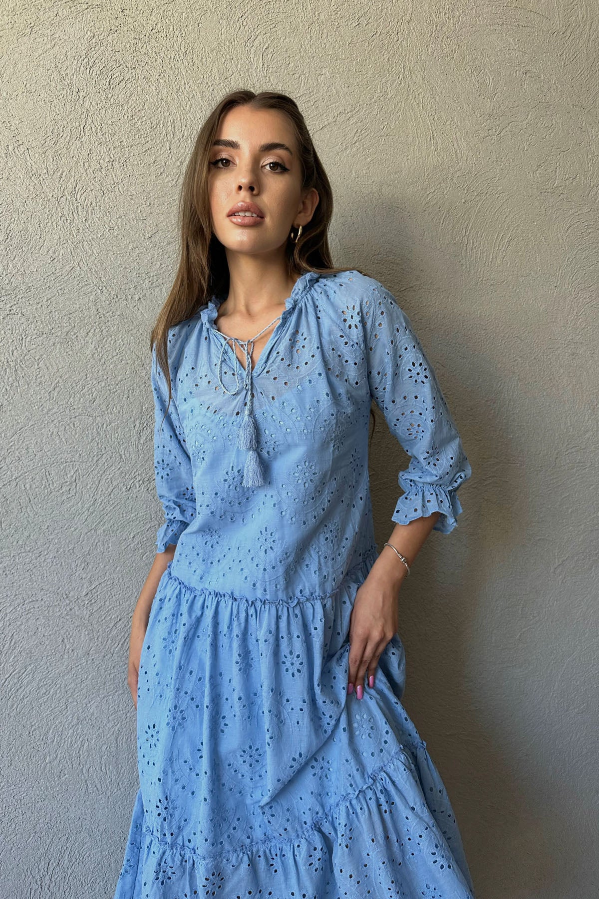 Mavi Brode  Astarlı Midi Boy Elbise SY-0544-Mavi