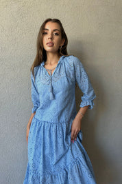 Mavi Brode  Astarlı Midi Boy Elbise SY-0544-Mavi