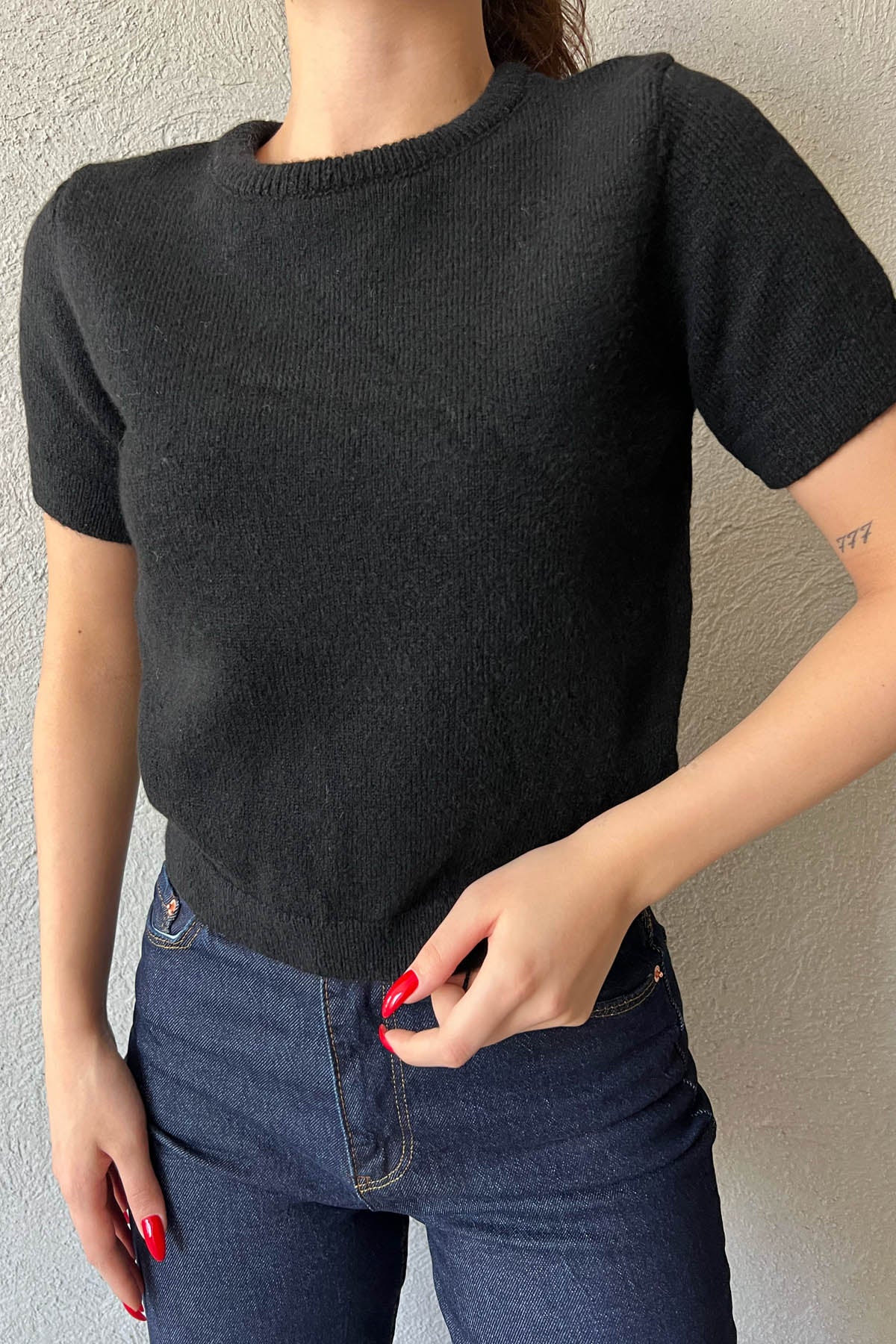 Siyah Bisiklet Yaka Kısa Kol Triko SY-1596-Siyah