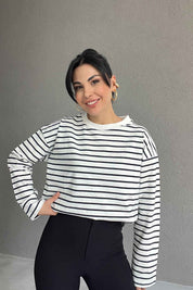 Beyaz Lacivert Çizgili Bisiklet Yaka Uzun Kol T-shirt SY-2938-Lacivert