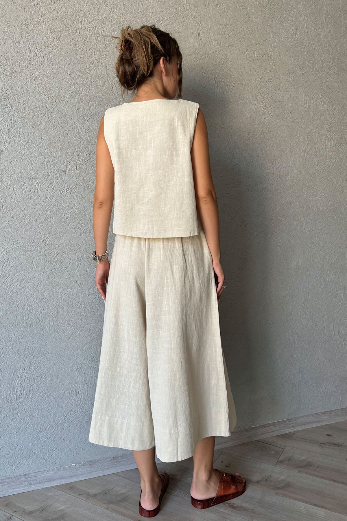 Taş Keten Bluz ve Beli Lastikli Pantolon Takım SY-0766-Taş