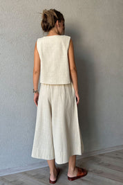 Taş Keten Bluz ve Beli Lastikli Pantolon Takım SY-0766-Taş