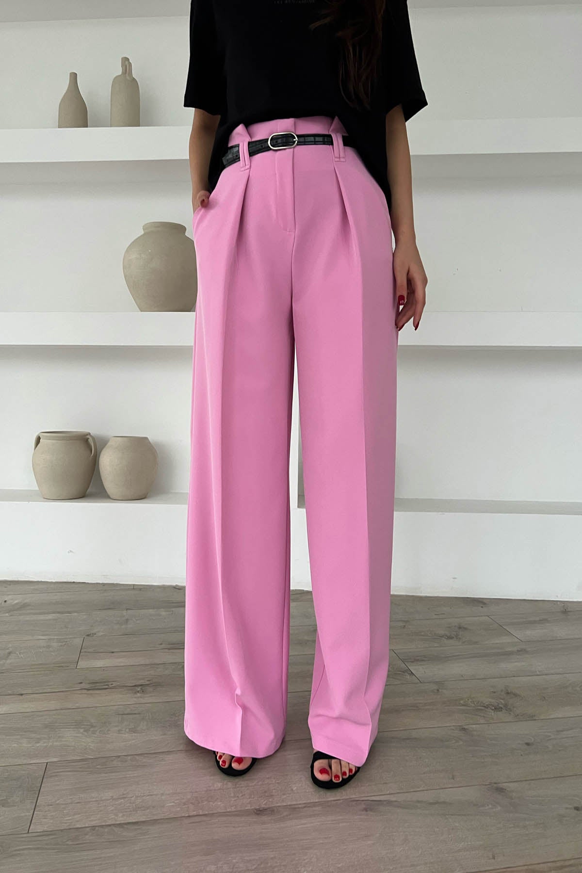 Pembe Kemer Detaylı Yüksek Bel Geniş Paça Pantolon SY-1681-Pembe