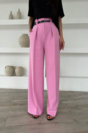 Pembe Kemer Detaylı Yüksek Bel Geniş Paça Pantolon SY-1681-Pembe