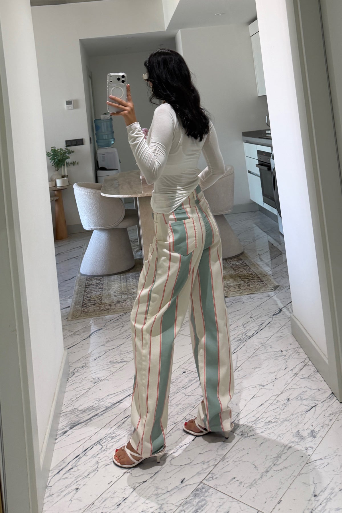 Mint Ekru Çizgili Tapered Jean Pantolon SY-3828-Ekru