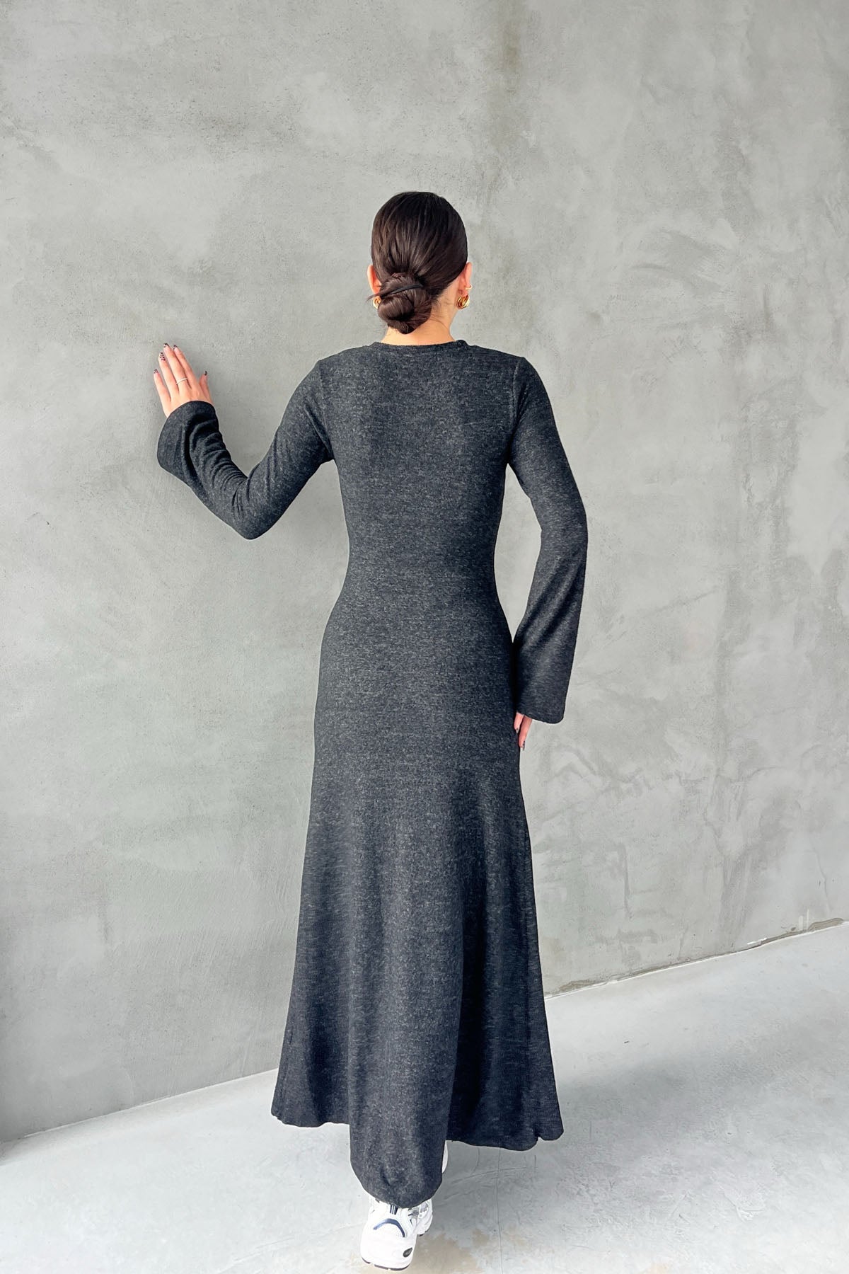 Antrasit Yumoş İspanyol Kol Uzun Elbise SY-2619-Antrasit