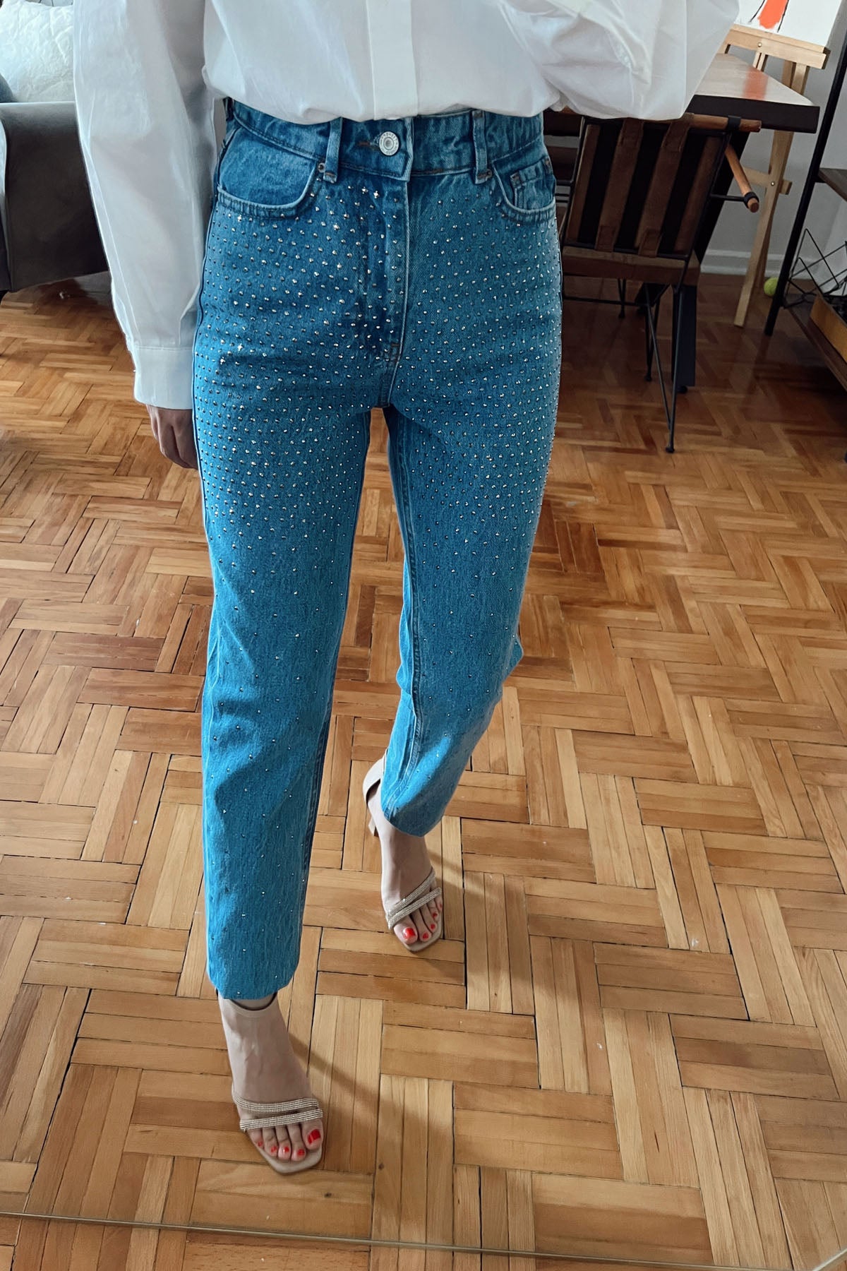 Koyu Mavi Taşlı Yüksek Bel Mom Fit Jean SY-0004-Koyu Mavi