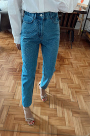 Koyu Mavi Taşlı Yüksek Bel Mom Fit Jean SY-0004-Koyu Mavi