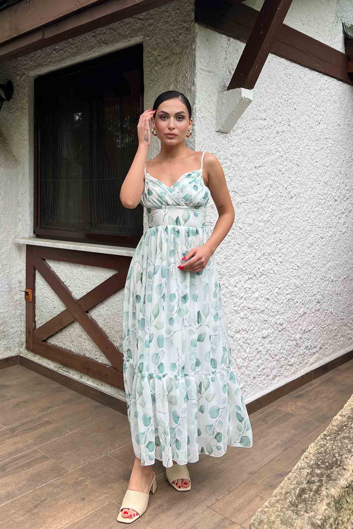 Yeşil Drape Detaylı Askılı Şifon Elbise SY-2040-Yeşil