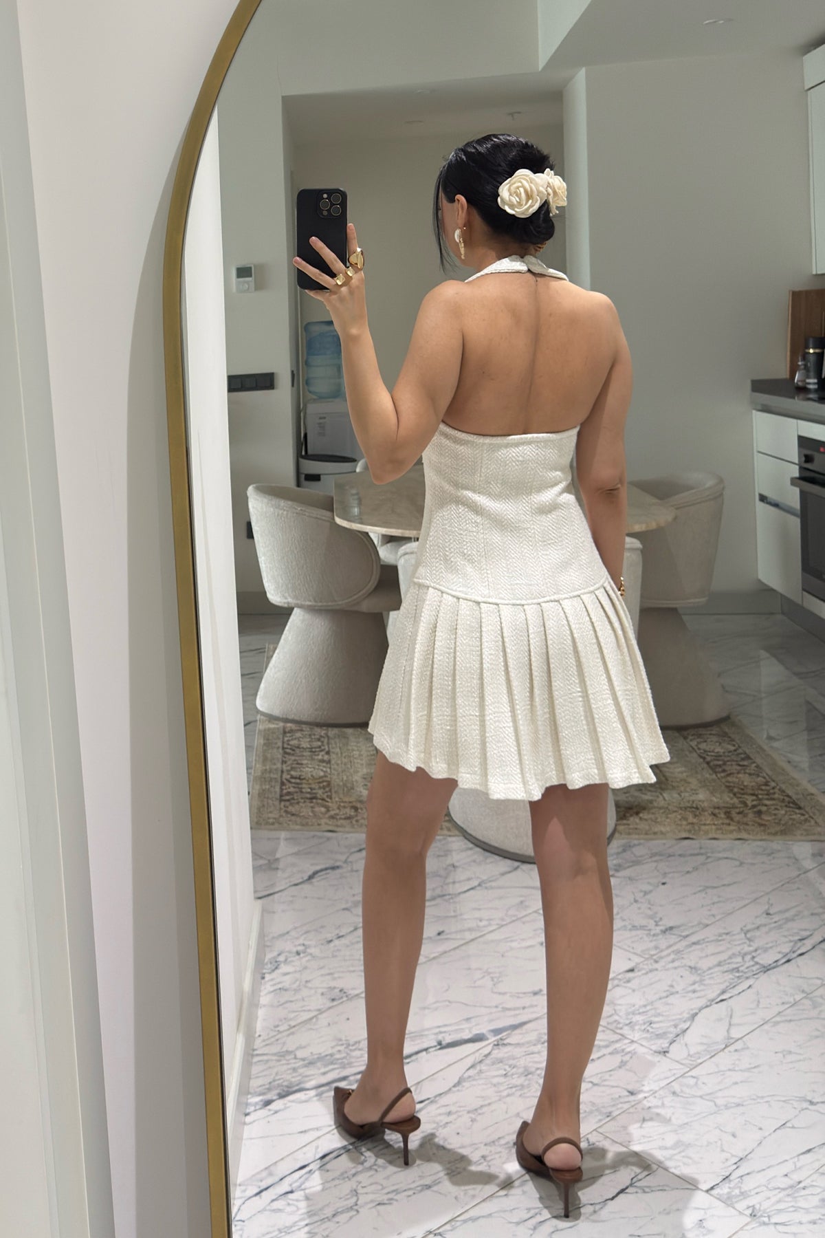 Ekru Gold Düğmeli Tüvit Sisra Mini Elbise SY-3626-Ekru