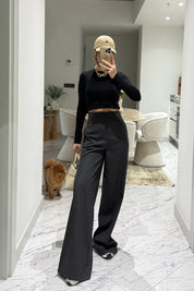 Antrasit Bel Detaylı Bol Paça Pantolon SY-3576-Antrasit