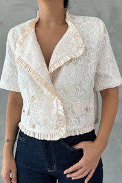 Krem Dantelli Vatkalı Astarlı Kısa Kollu Ceket SY-2504-Krem
