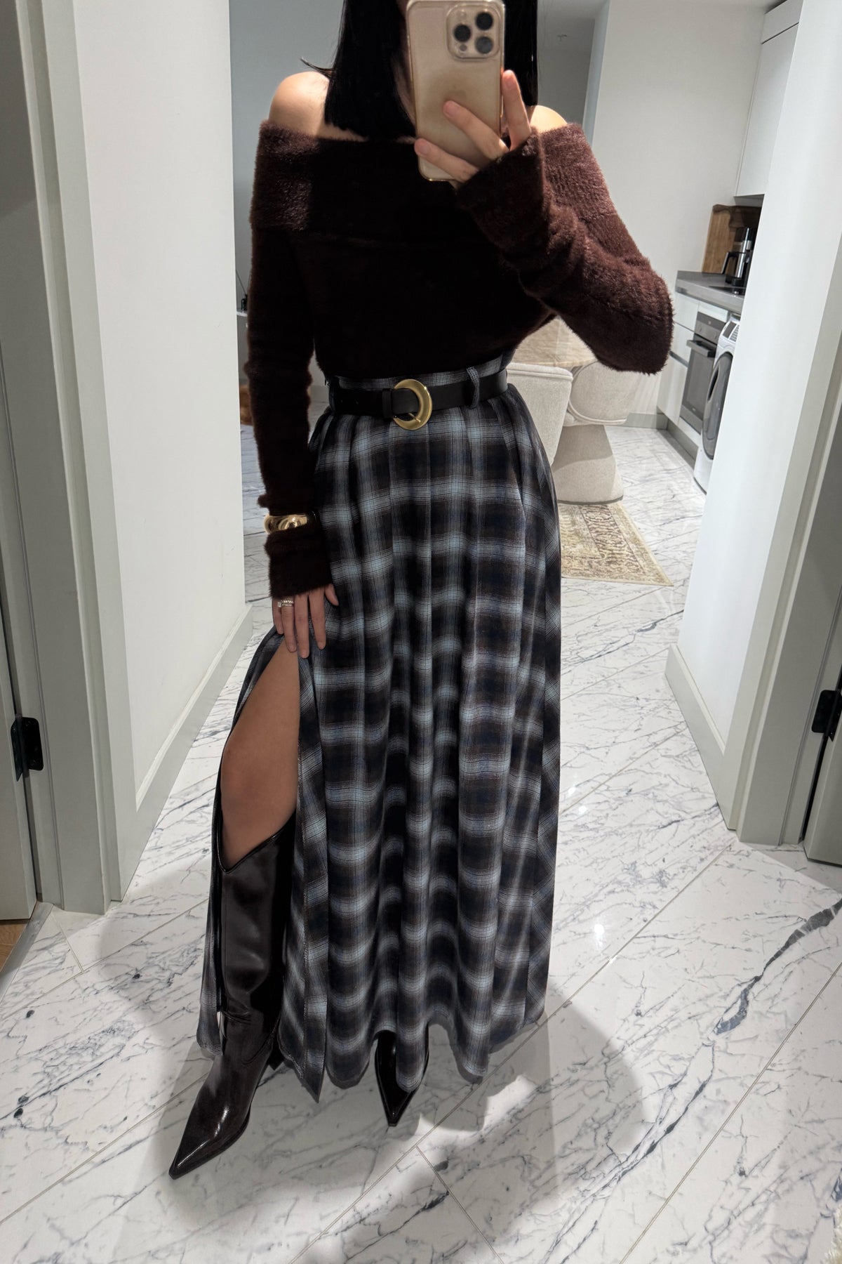 Ekose Desenli Yırtmaç Detay Kloş Etek SY-3494-Kahverengi