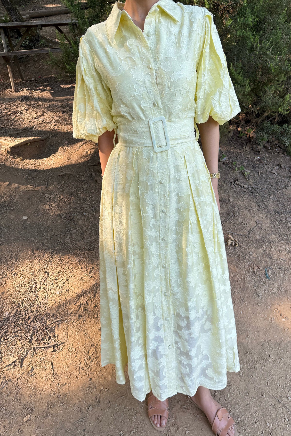 Sarı Venil Balon Kol Kemerli Kloş Elbise SY-2946-Sarı