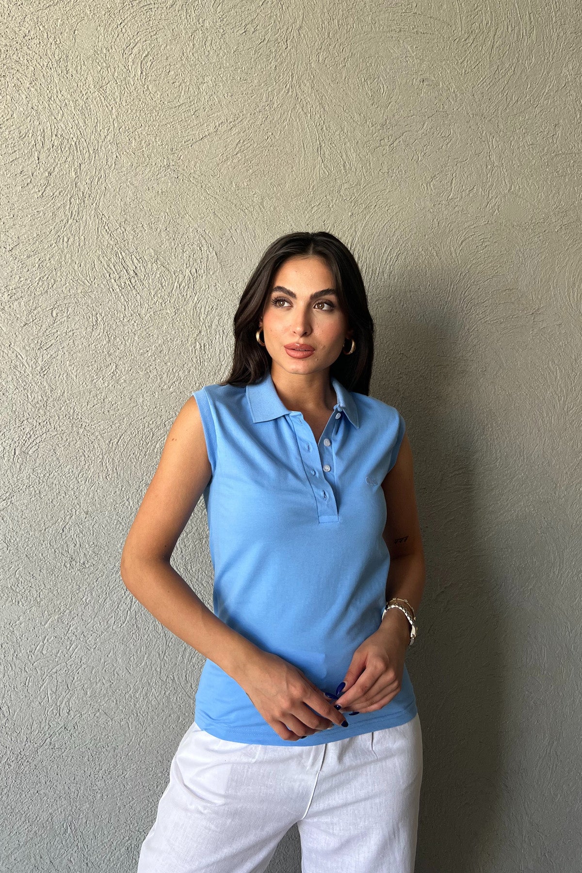 Mavi Polo Yaka Sıfır Kol Basic Atlet SY-2170-Mavi