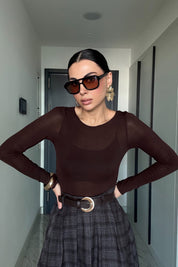 Kayık Yaka Kaşmir Kahve Transparan Body SY-3425-Kahve