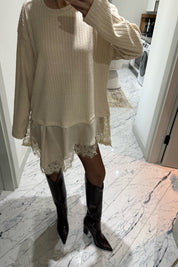 Bej Dantel Detaylı Saten Triko Bluz-Elbise SY-3504-Bej