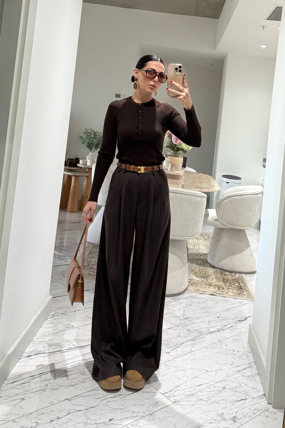 Kahverengi Yüksek Bel Çizgili Palazzo Pantolon SY-3524-Kahverengi