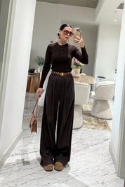 Kahverengi Yüksek Bel Çizgili Palazzo Pantolon SY-3524-Kahverengi