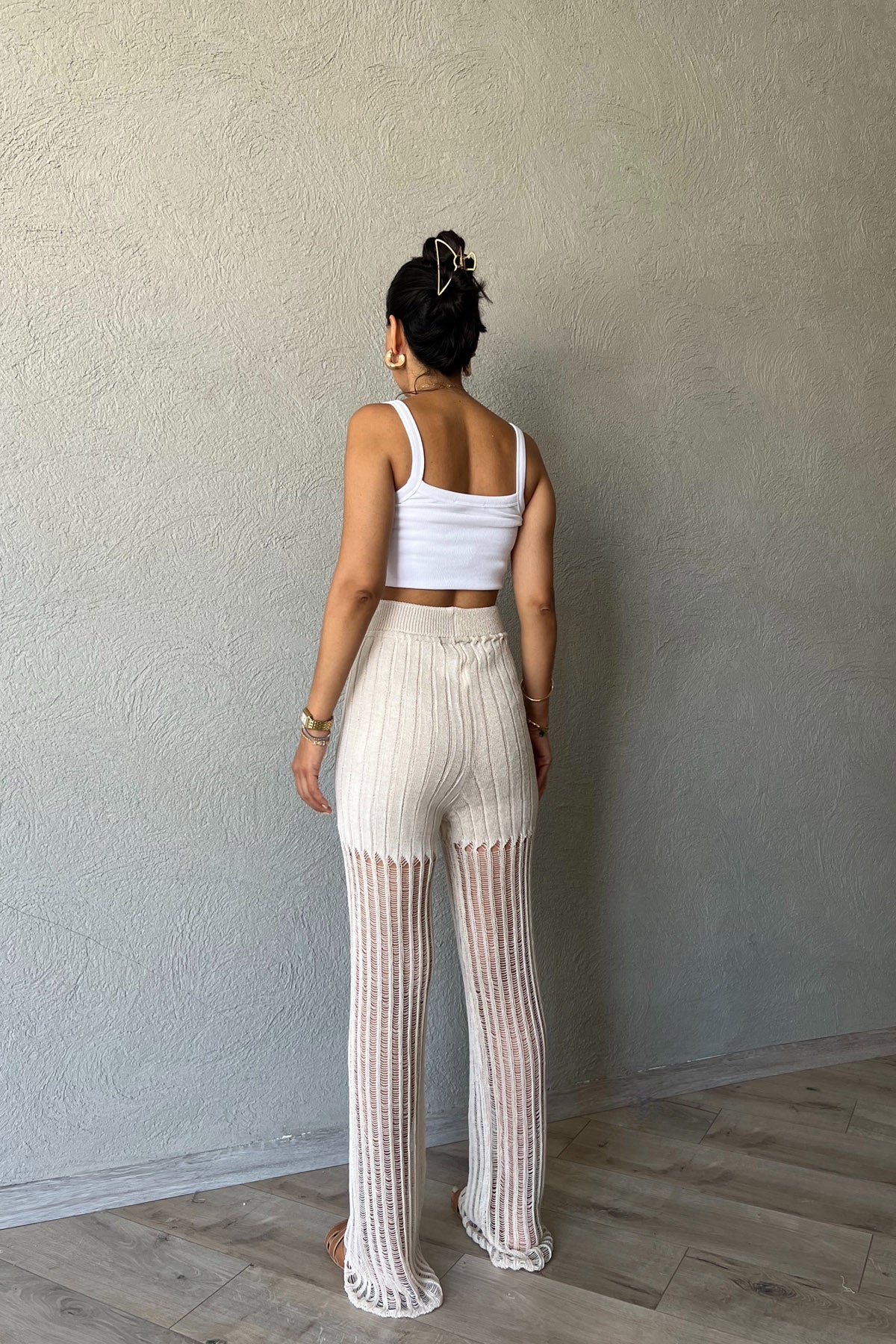 Krem Ajurlu Triko Örme Pantolon SY-2241-Krem