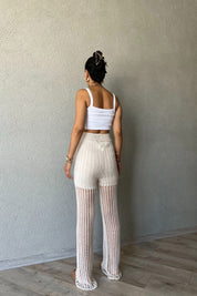 Krem Ajurlu Triko Örme Pantolon SY-2241-Krem