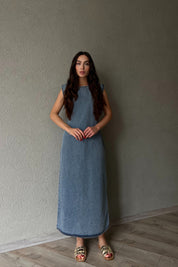 Mavi Kar Yıkamalı Sıfır Kol Denim Elbise SY-2127-Mavi