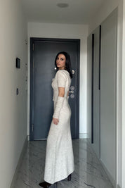 Rosa Gül Detay Bej Crop Etek Triko Takım SY-3495-Bej