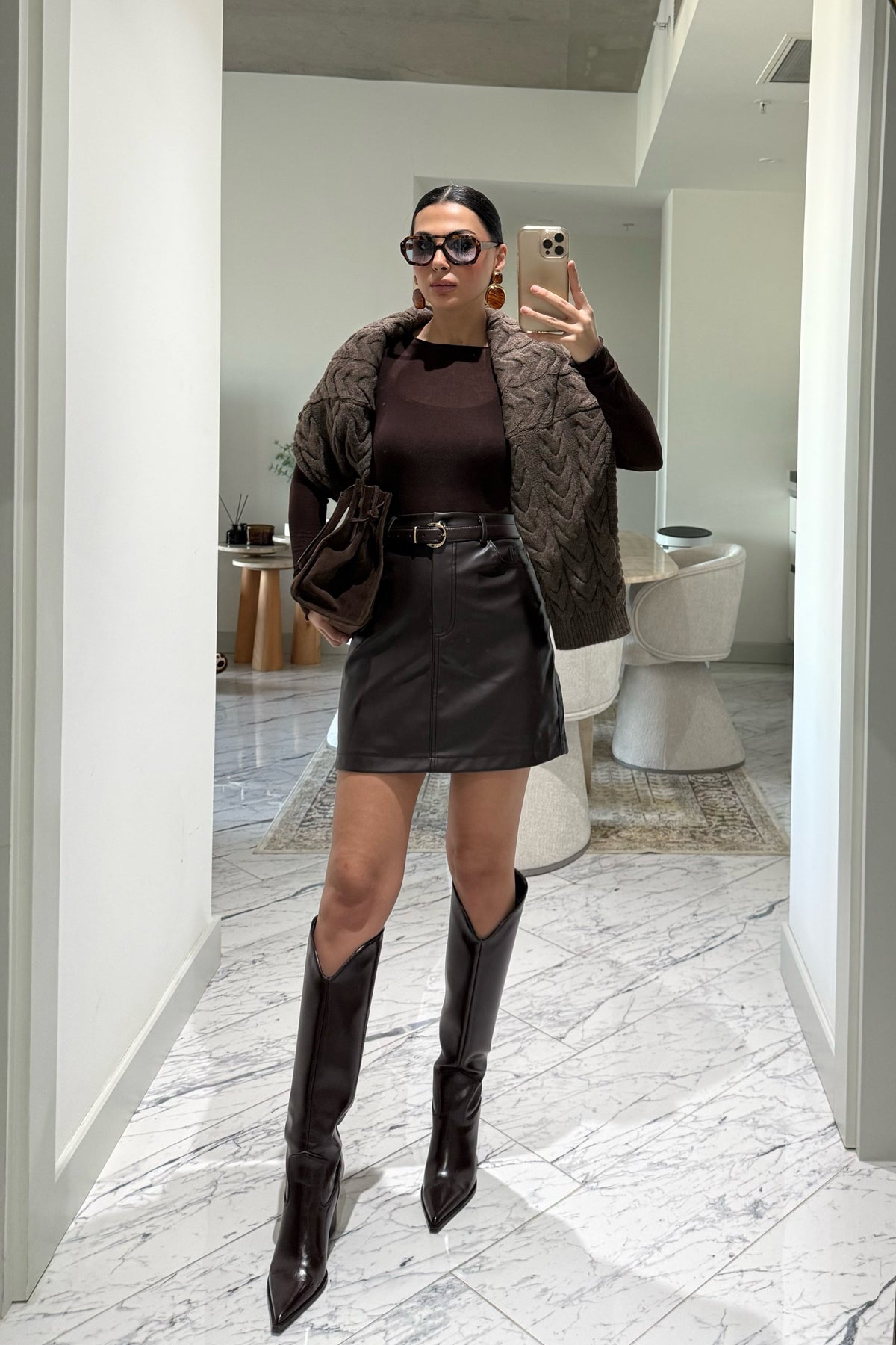 Kahverengi Deri Mini Etek SY-3522-Kahverengi