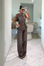 Brown Denim Yelekli Pantolon Takım SY-3853-Kahverengi