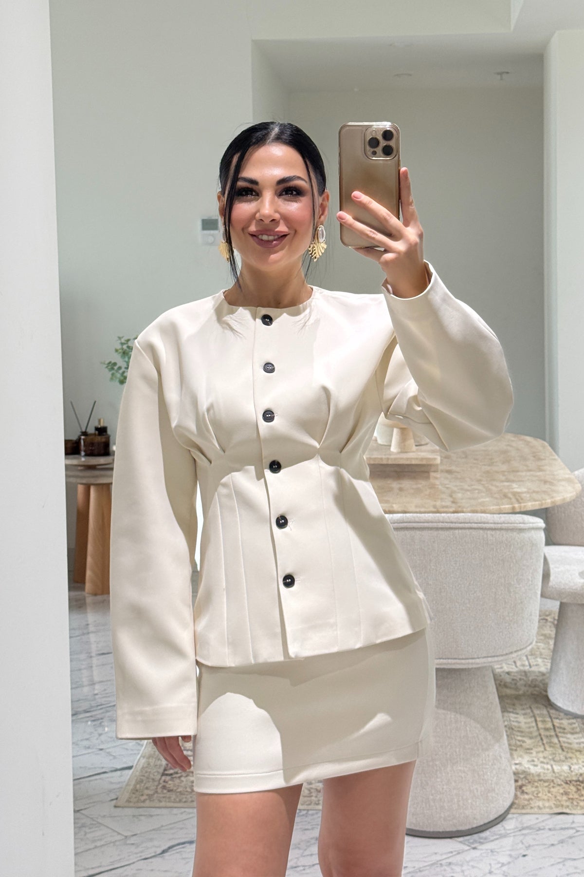 Ekru Tasarım Belden Oturmalı Ceket ve Etek Takım SY-3601-Ekru