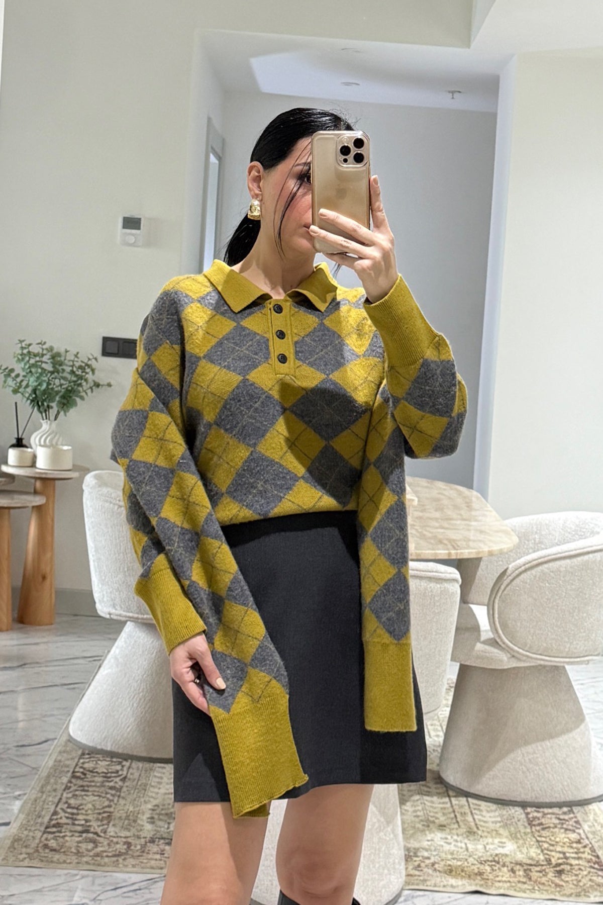 Kendinden Şallı Baklava Desenli Polo Yaka Triko SY-3563-Yağ Yeşili