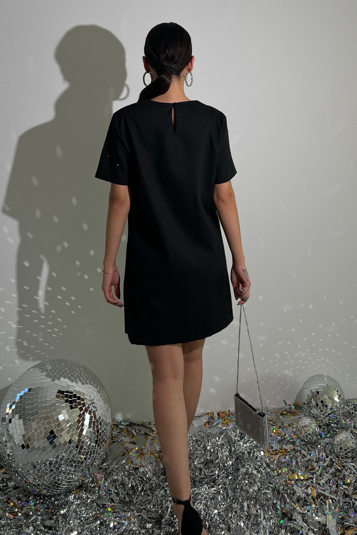 Siyah Taş Baskılı Kısa Kollu Elbise SY-2812-Siyah