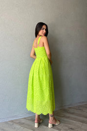 Yağ Yeşil Askı Aparat Detaylı Brode Elbise SY-2036-Yağ Yeşil