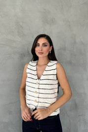 Ekru Lacivert Çizgili Gold Düğme Triko Yelek SY-2666-Ekru