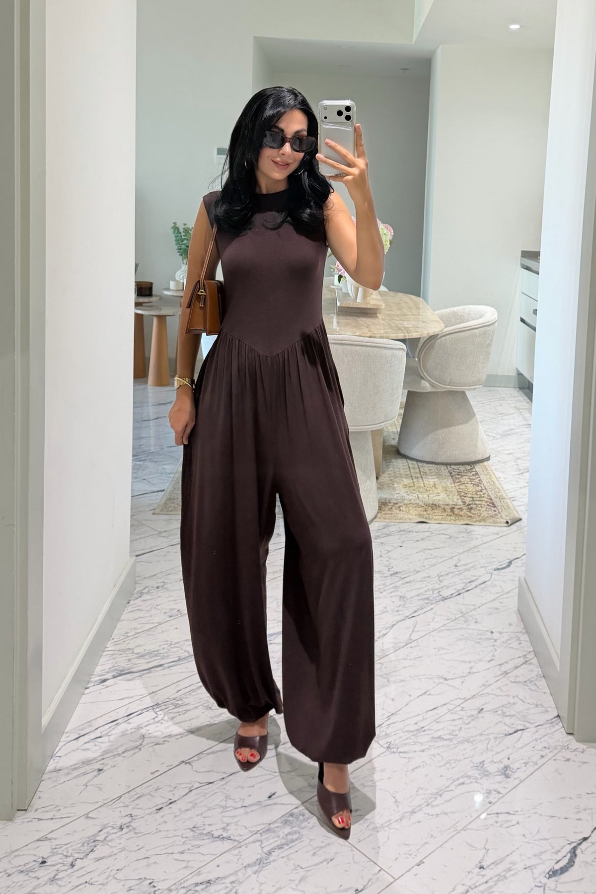 Kahve Modal Salaş Kesim Kolsuz Tulum SY-3797-Kahverengi