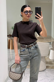 Kahverengi Bisiklet Yaka Basic T-shirt SY-3642-Kahverengi