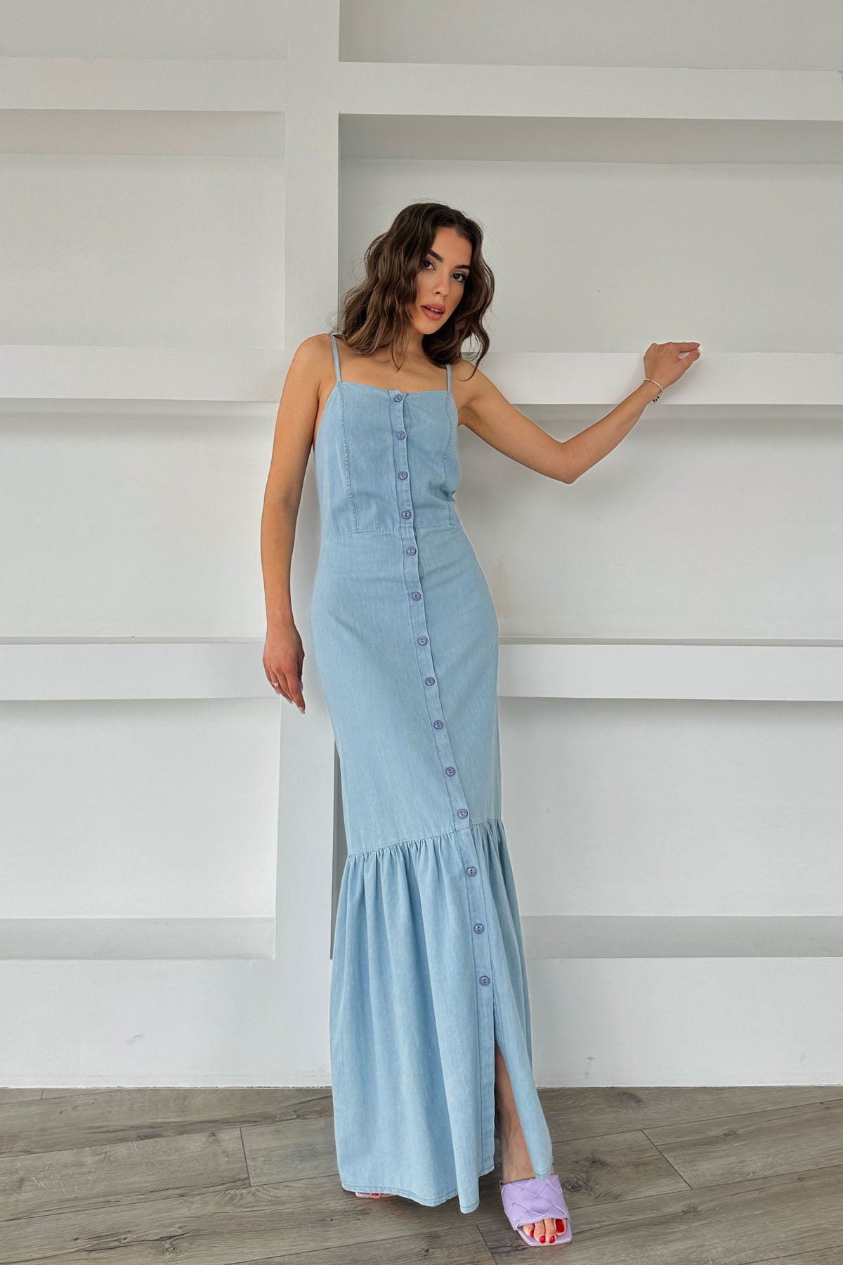 Seda Yalçın Atelier Naturel Askılı Triko Detay Keten Elbise SY-0392-Mavi